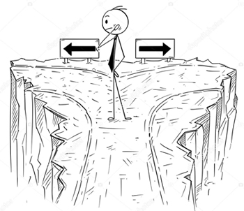 Cartoon stick man drawing conceptual illustration of businessman on dead end with no right option to choose from. Business concept of career and decision.