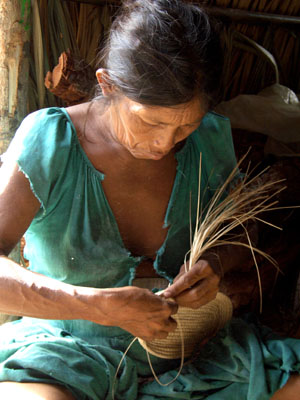 Anciana de la etnia Piapoco, elaborando una cesta de cogollo en el Amazonas.