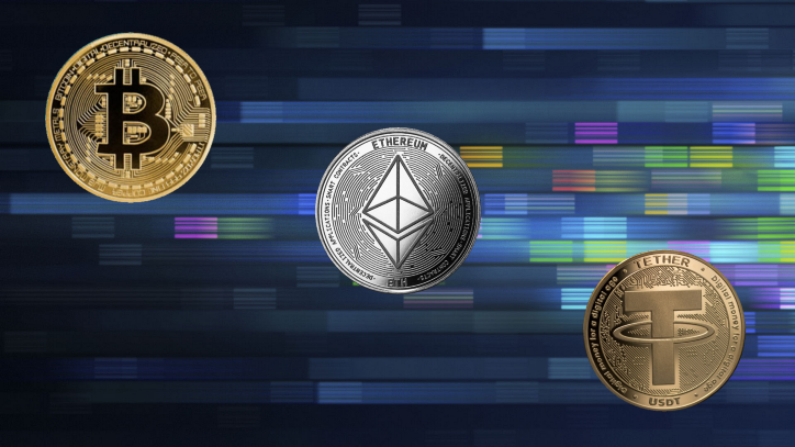 Criptomonedas más conocidas en el mercado conocidas como, Bitcoin, Ethereum y Tether.