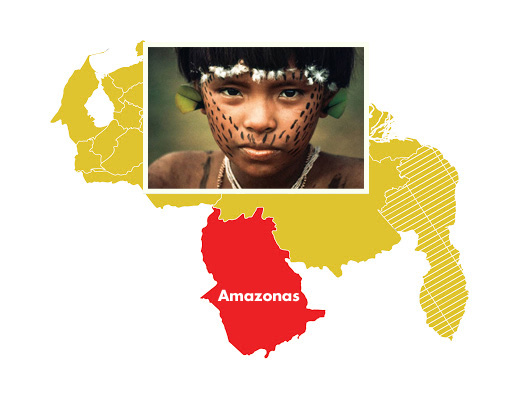 Niño indígena del Amazonas y mapa de Venezuela.