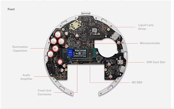 La parte frontal de la placa base de Orb, la esfera plateada que escanea el iris de los usuarios de WorldCoin. WorldCoin, CC BY